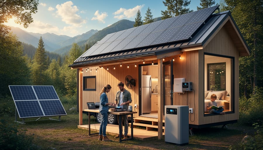 Warmly lit cabin interior with solar panels visible through a window, illustrating an off-grid power setup.
