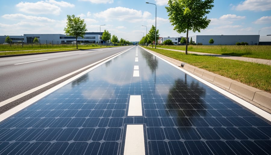 Wide view of a solar-powered road pavement segment in a parking lot setting.
