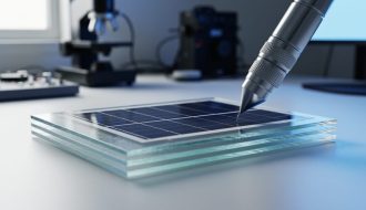 Close-up of a 3D-printed solar panel module on a laboratory workbench with a deposition nozzle hovering beside it, shown in cool blue and silver lighting.