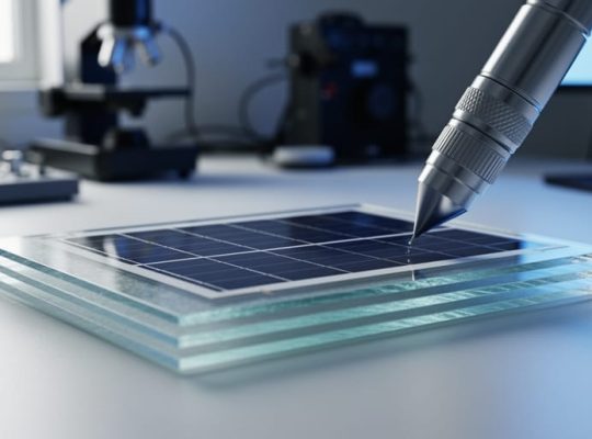 Close-up of a 3D-printed solar panel module on a laboratory workbench with a deposition nozzle hovering beside it, shown in cool blue and silver lighting.