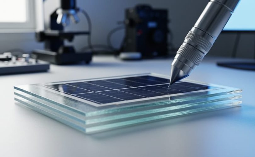 Close-up of a 3D-printed solar panel module on a laboratory workbench with a deposition nozzle hovering beside it, shown in cool blue and silver lighting.