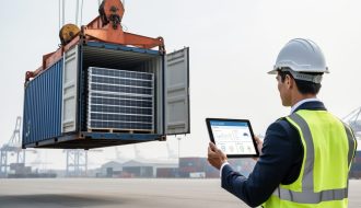 A project manager monitors a shipping shipment at a port while solar panel modules are loaded from a container by a dock crane.