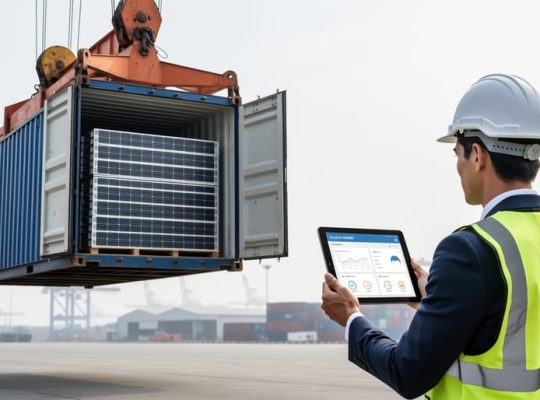 A project manager monitors a shipping shipment at a port while solar panel modules are loaded from a container by a dock crane.