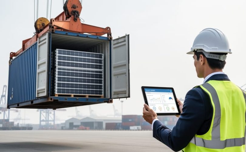 A project manager monitors a shipping shipment at a port while solar panel modules are loaded from a container by a dock crane.