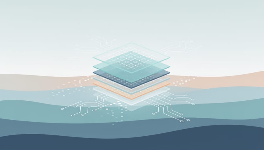 Conceptual close-up of a glowing prototype solar cell stack with layered structure.