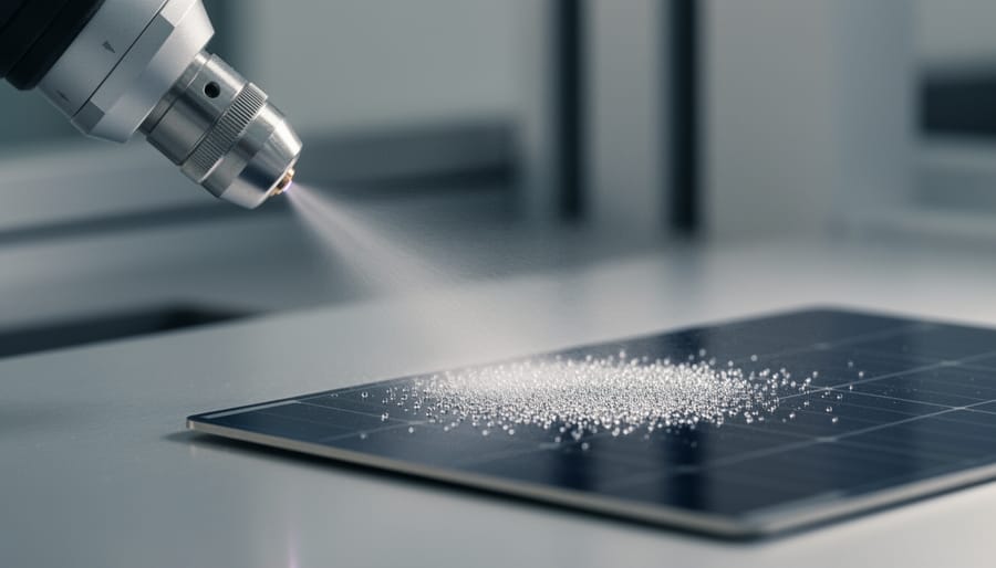 A deposition nozzle sprays fine particles onto a photovoltaic substrate in a lab.