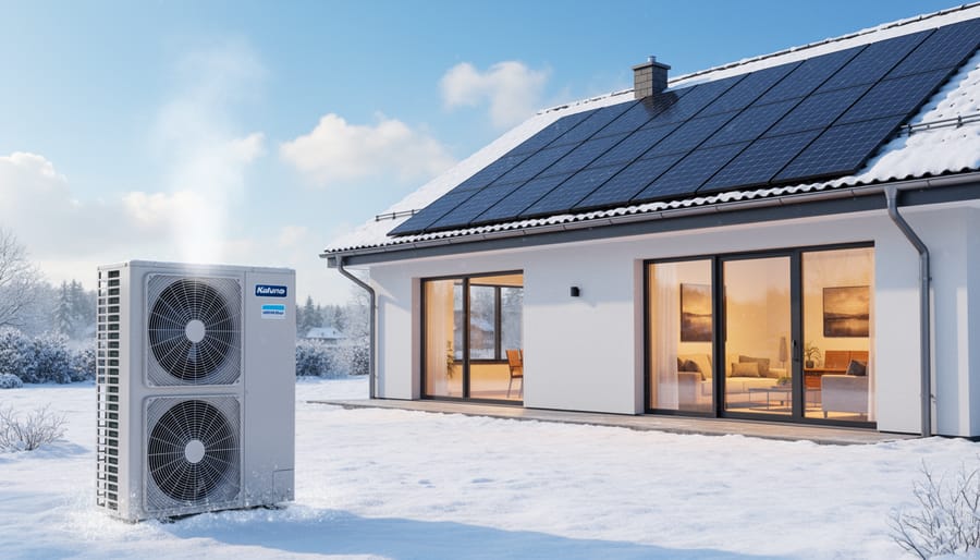 Air-source heat pump outdoor unit installed near a home next to solar panels