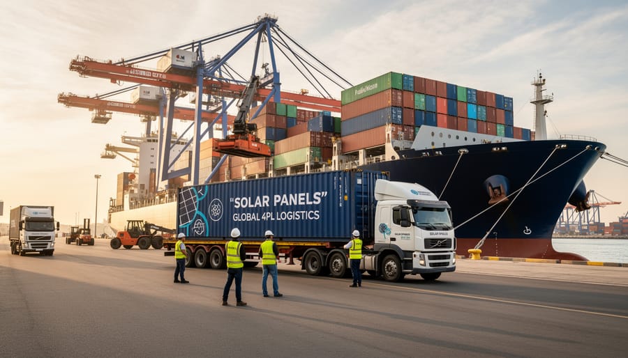 Cargo container being loaded onto a truck at a port terminal during golden hour