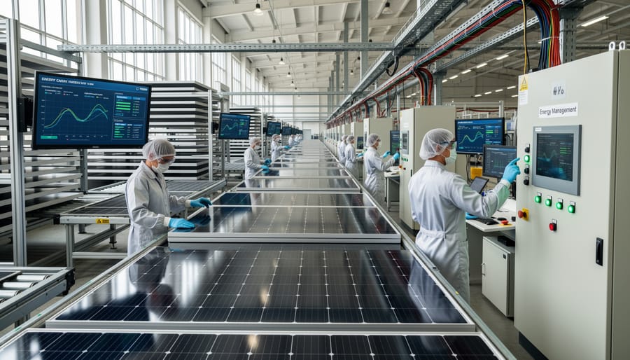 Technician in cleanroom attire inspecting a photovoltaic module under soft lighting.