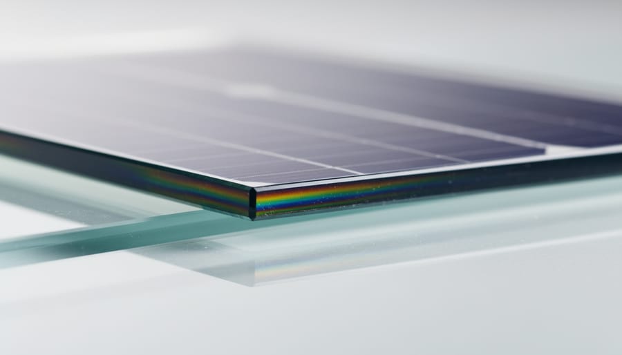 Close-up of a technician holding a glass substrate coated with a uniform thin film.