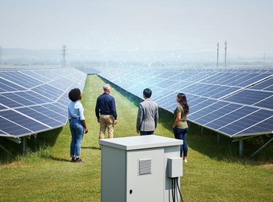 Community solar installation with rows of solar panels in a sunlit field, photographed at eye level with a few people observing the array in the distance.