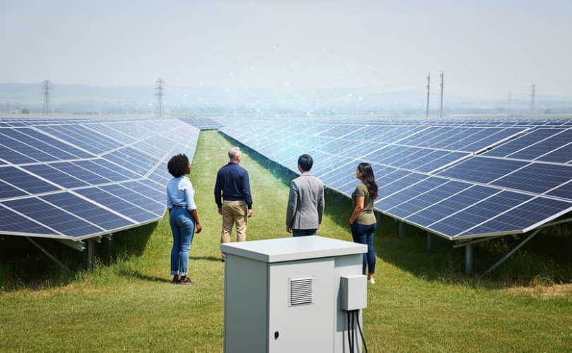 Community solar installation with rows of solar panels in a sunlit field, photographed at eye level with a few people observing the array in the distance.
