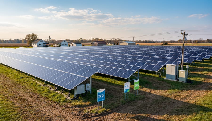 Community solar photovoltaic panels installed on a rural field under daylight