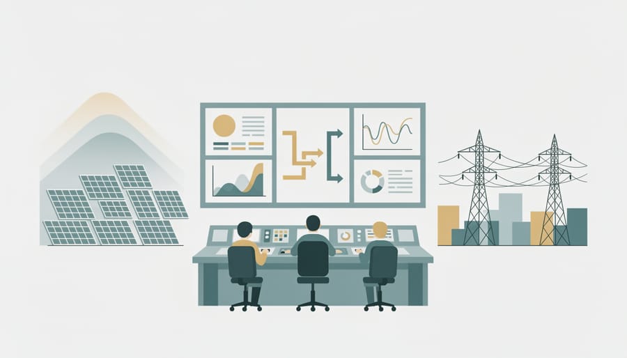 Control room operator viewing grid operations with a solar farm visible in the background
