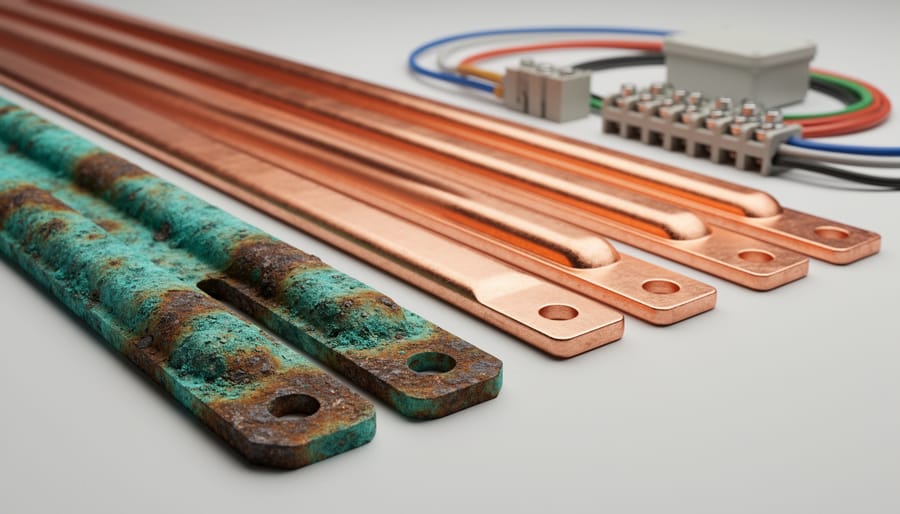 Copper-colored metal strips showing tarnish and oxidation texture