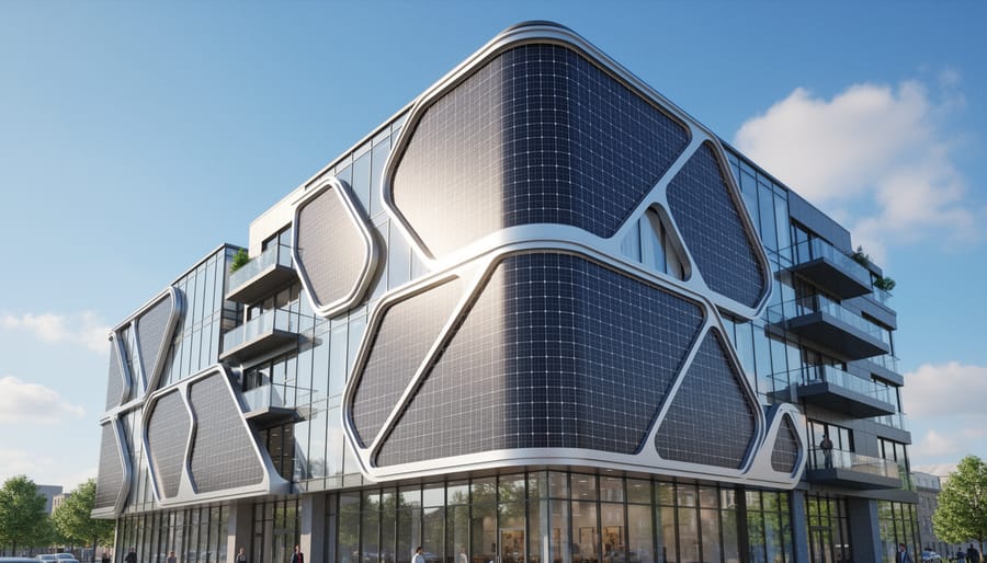 Custom-shaped solar panels integrated into a modern building facade during golden hour.