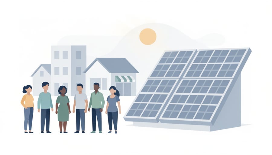 Diverse people standing outdoors near a community solar installation