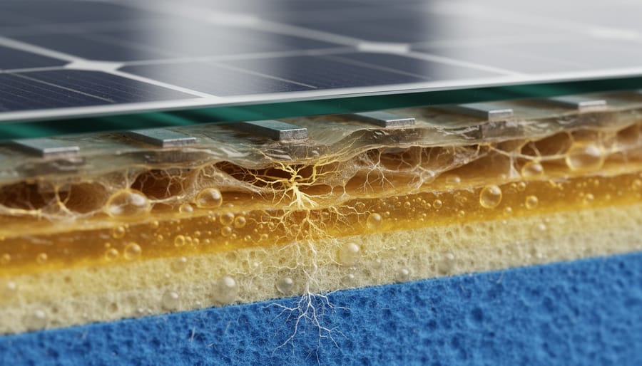 Macro view of a transparent polymer film showing micro-scratches and slight discoloration
