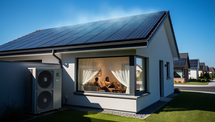 Solar panels and an evaporative cooler with visible water mist on a patio in hot sunlight