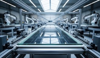 Large glass substrate moving through an automated thin-film solar manufacturing line with deposition equipment visible in a clean industrial facility.