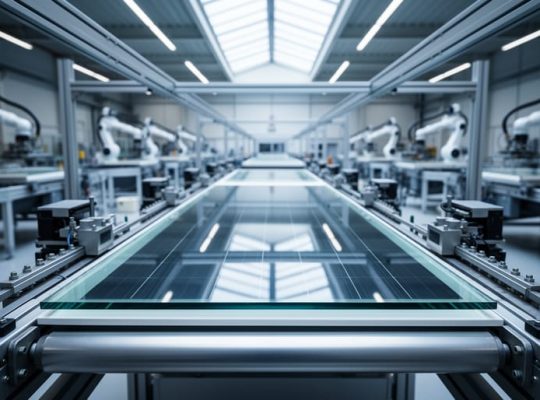 Large glass substrate moving through an automated thin-film solar manufacturing line with deposition equipment visible in a clean industrial facility.