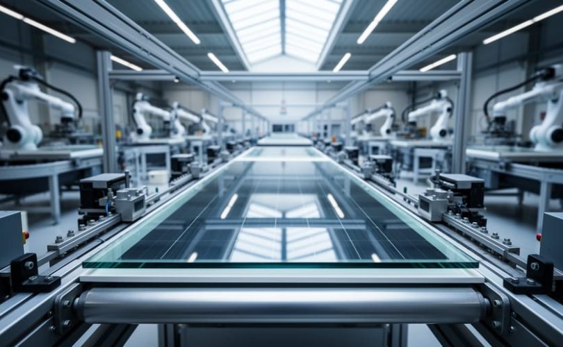 Large glass substrate moving through an automated thin-film solar manufacturing line with deposition equipment visible in a clean industrial facility.