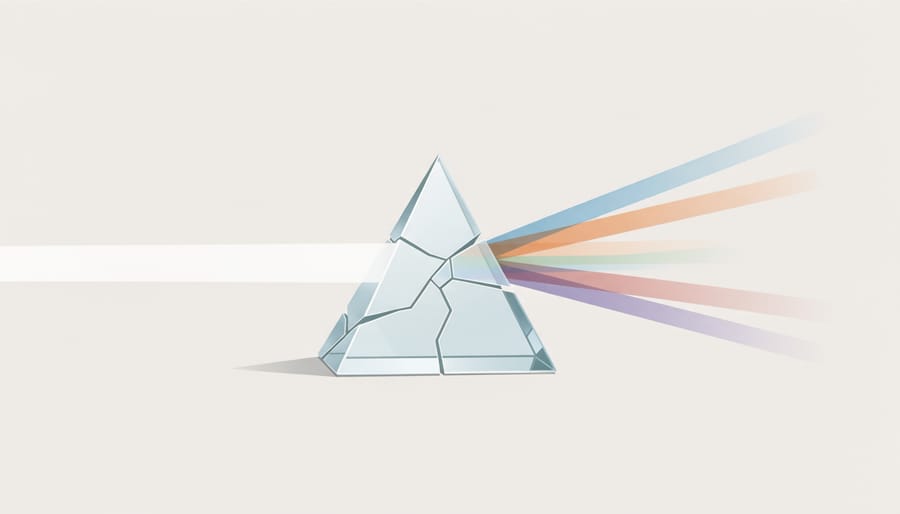 Fractured glass prism on a workbench with dust and tools