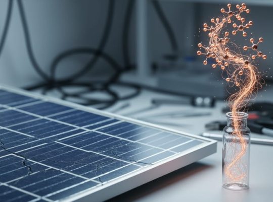 Close-up of a solar panel surface with fine weathering textures and a glowing copper-peptide-inspired visual suggesting protective regenerative effects in a laboratory environment.