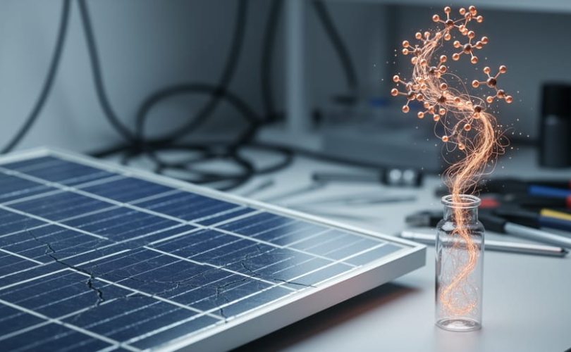 Close-up of a solar panel surface with fine weathering textures and a glowing copper-peptide-inspired visual suggesting protective regenerative effects in a laboratory environment.