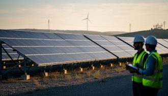 Utility-scale solar farm with photovoltaic panels in the foreground and two professionals in high-visibility gear near a clipboard, photographed at golden hour with a distant turbine and substation structures in the background.
