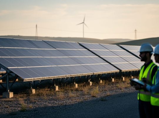 Utility-scale solar farm with photovoltaic panels in the foreground and two professionals in high-visibility gear near a clipboard, photographed at golden hour with a distant turbine and substation structures in the background.