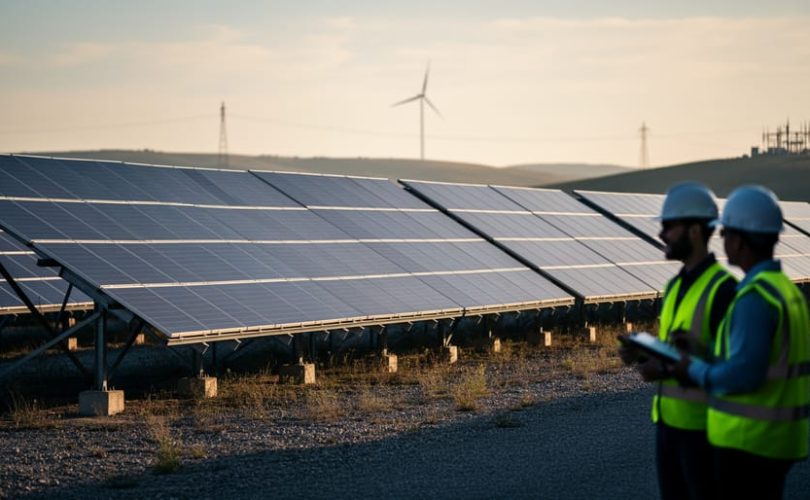 Utility-scale solar farm with photovoltaic panels in the foreground and two professionals in high-visibility gear near a clipboard, photographed at golden hour with a distant turbine and substation structures in the background.