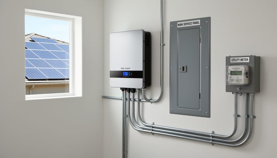 Solar inverter cabinet and electrical service components on a residential exterior wall