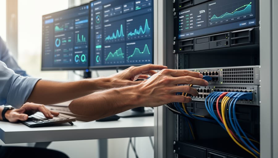 Hands working with a laptop beside a solar inverter cabinet and connecting cables