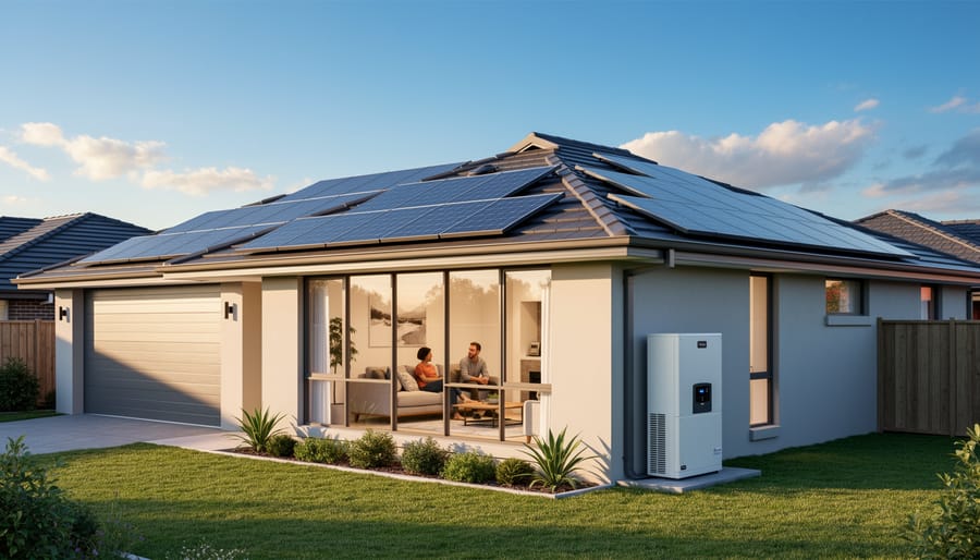 Modern house rooftop solar panels with a visible battery storage unit in the garage