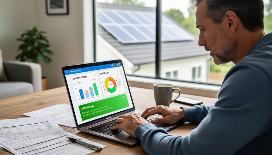 Homeowner reviewing solar energy on a tablet near a window