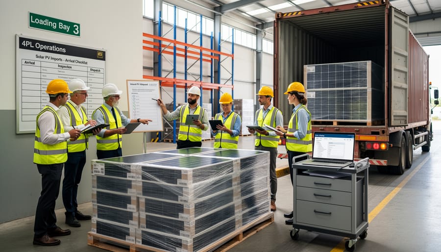 Logistics professional reviewing shipping documents near an open shipping crate