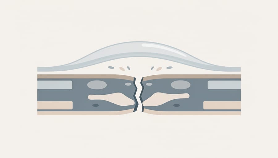 Luminous thread-like strand appearing to bridge a crack in a transparent resin block