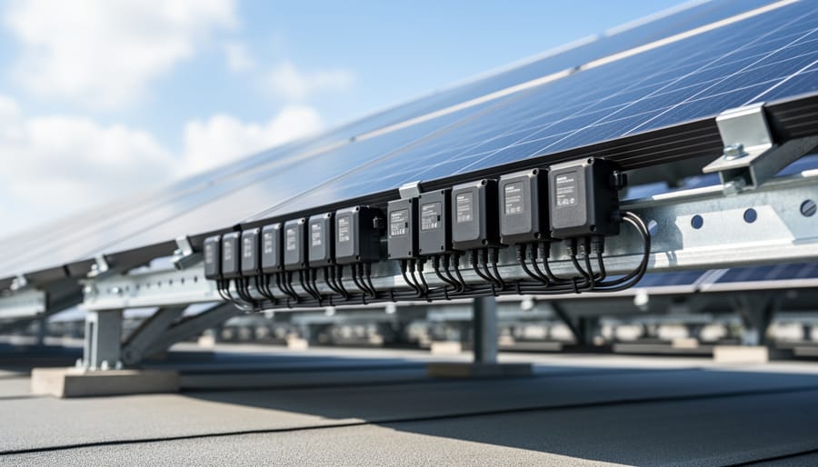 Rooftop solar panels with module-level power electronics units and visible cabling beneath the array