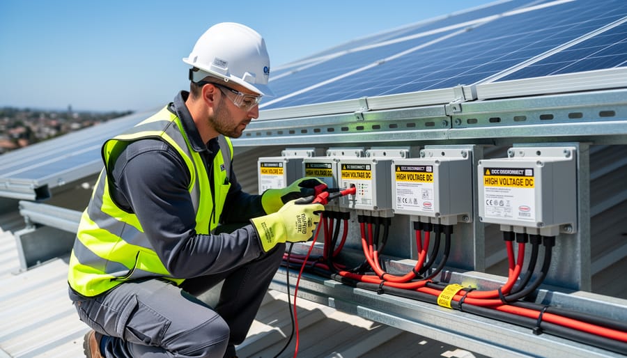Technician wearing insulated gloves and face shield working near solar DC cabling and a disconnect box