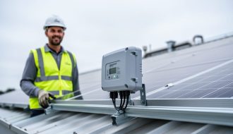 A solar installer next to a rooftop solar array with module-level power electronics (power optimizer or microinverter) mounted on the racking near the panels.