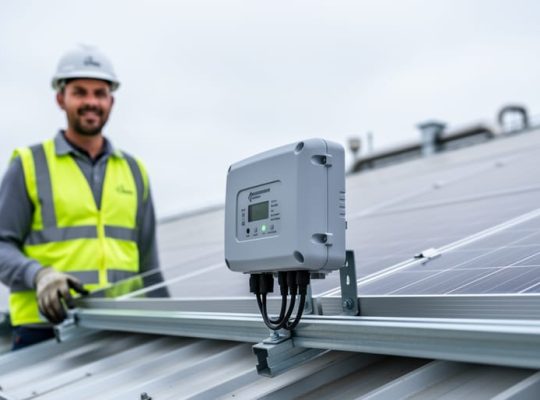 A solar installer next to a rooftop solar array with module-level power electronics (power optimizer or microinverter) mounted on the racking near the panels.
