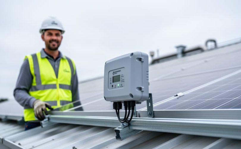 A solar installer next to a rooftop solar array with module-level power electronics (power optimizer or microinverter) mounted on the racking near the panels.