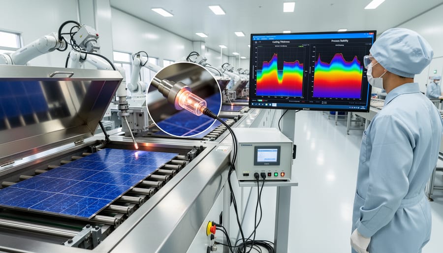 Technician handling a glass substrate near multi-crystalline solar cells in a manufacturing setting.