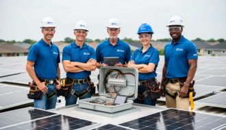 Diverse solar technicians collaborating on a residential rooftop installation near solar panels under natural daylight.