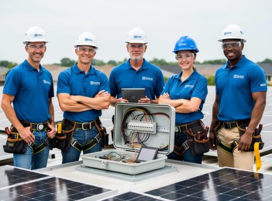 Diverse solar technicians collaborating on a residential rooftop installation near solar panels under natural daylight.