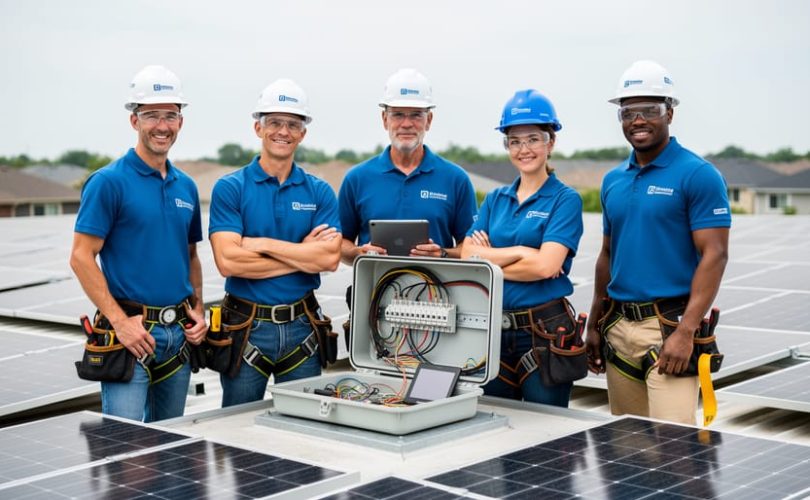 Diverse solar technicians collaborating on a residential rooftop installation near solar panels under natural daylight.
