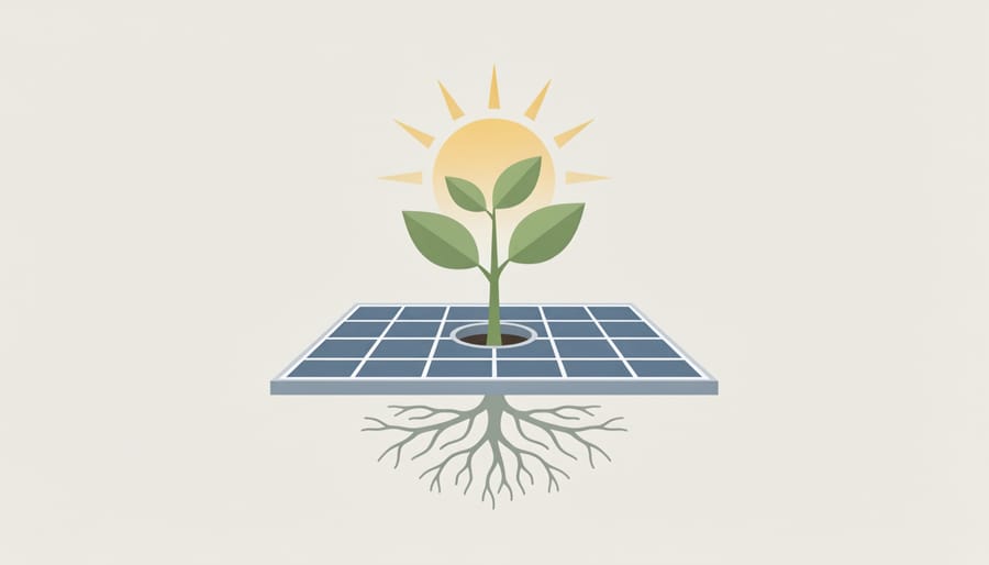 Close-up of a small potted plant with healthy roots held on a workbench near solar-related safety gear