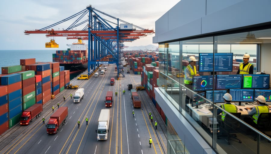 Port container crane lifting an intermodal container in the course of international shipping operations