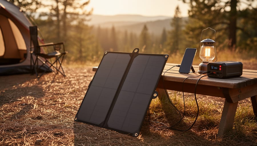 Foldable portable solar panel charging a smartphone next to a lit camping lantern at a campsite.